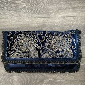 Cinti Sequins Mettalic Leather Embroidered Fold Over Navy Velvet Clutch w Metal